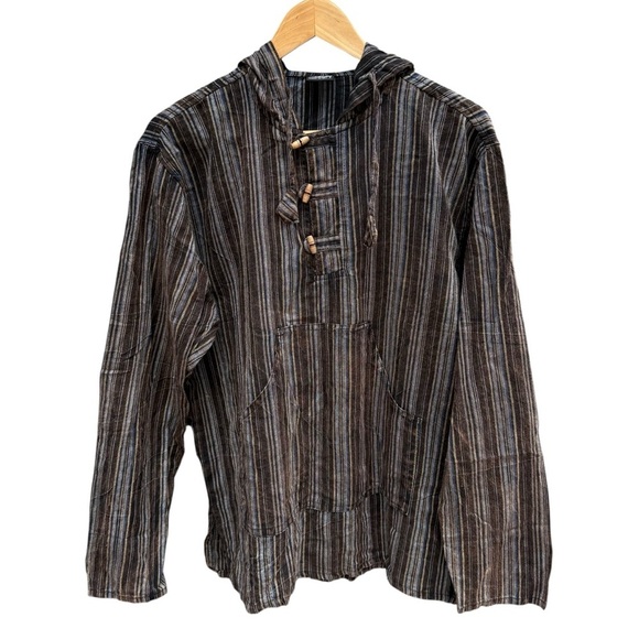 SHOP Therapy Mens Striped Wooden toggles Hoodie, Shirt L Grunge Goth Streetwear - Picture 3 of 9